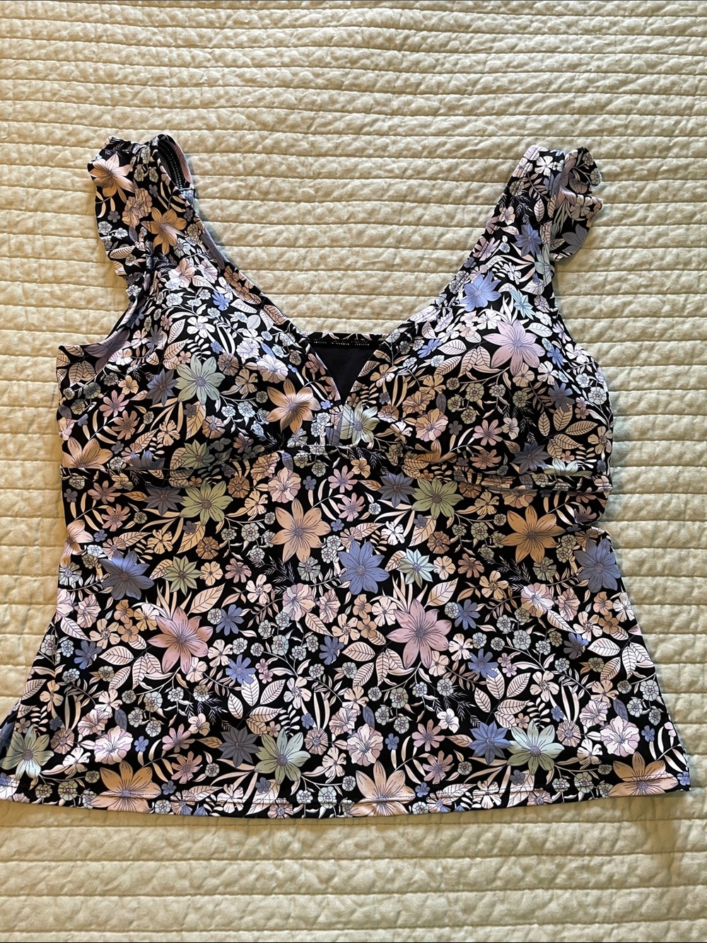 Floral V-Neck Women’s Tankini Swim Top with Ruffled Straps in Multi-Color